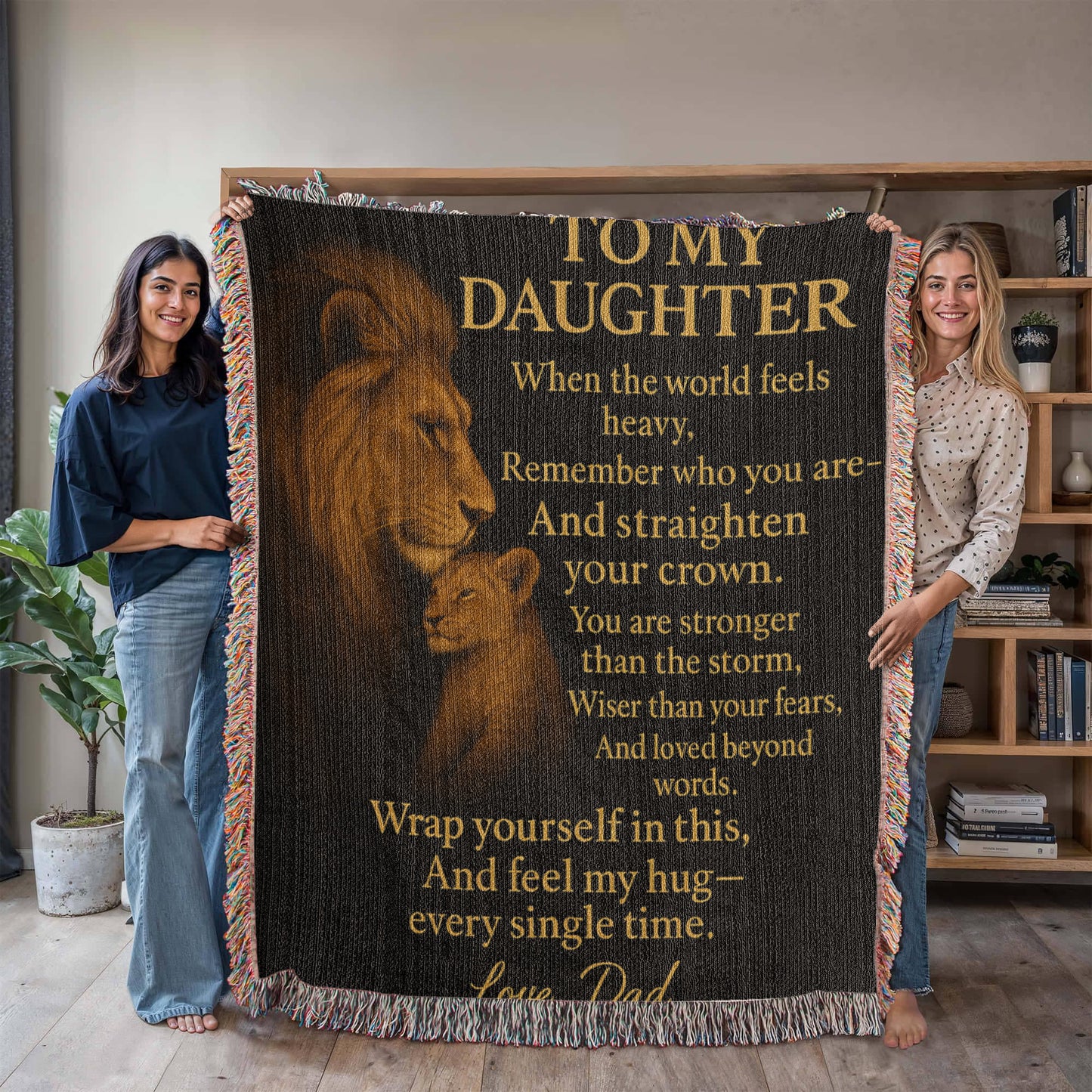 To My Daughter Lion Blanket – Dad to Daughter Gift, Brave Strong Loved, Inspirational Woven Throw